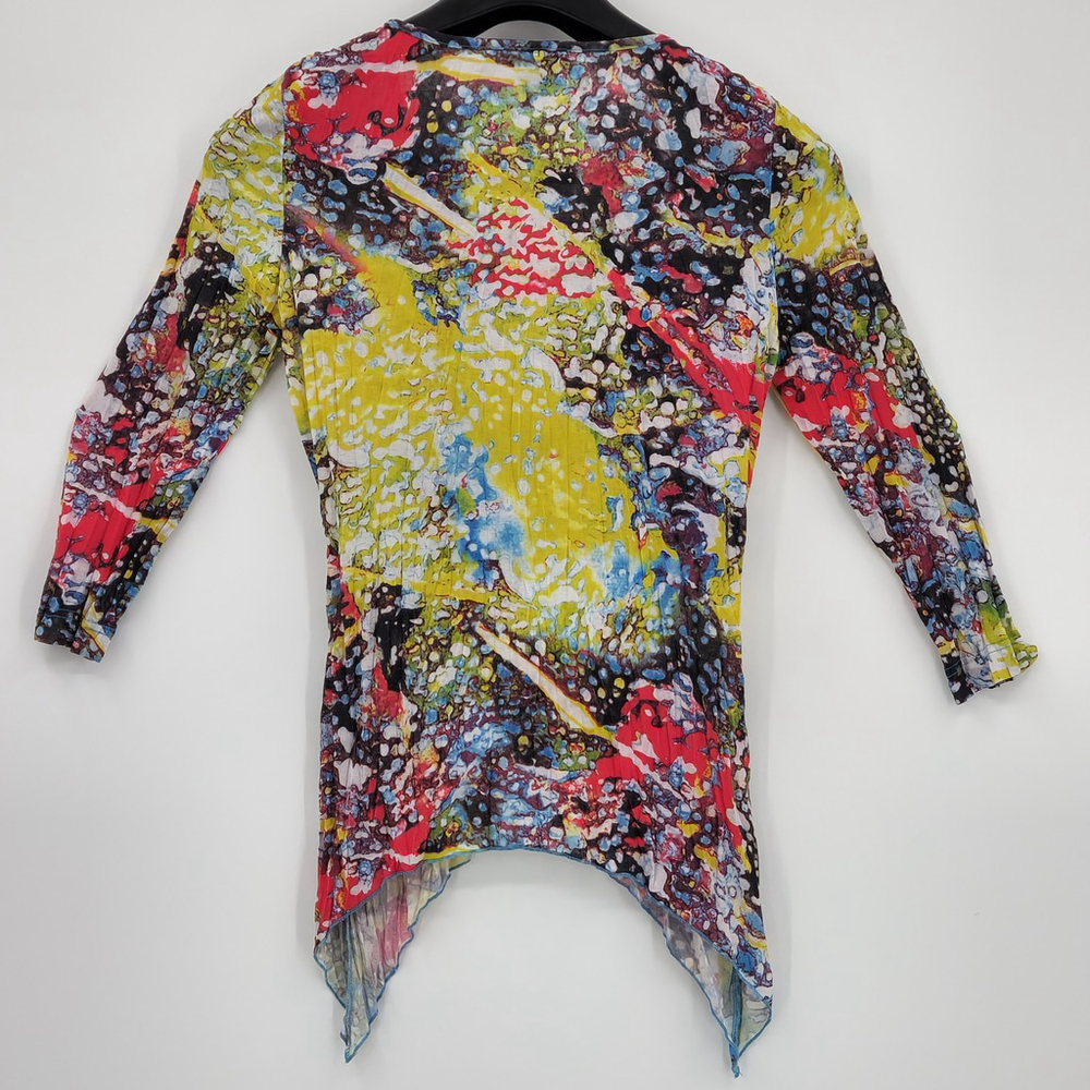 Chiffon Blouse 3/4 Sleeves Asymmetrical Hem Small Abstract Boho Colorful - Picture 3 of 9